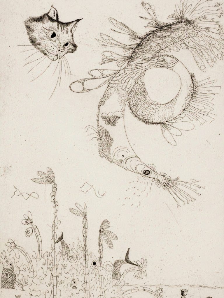 collaborative work with Sophie Quinn and Maximilian Gosling showing a fictional scene of fish jungle and flying worm, cat head looks at worm 