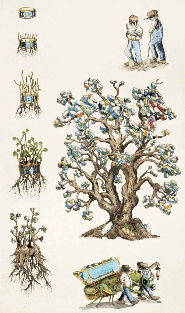 a diagram showing the Germination of snare drums into drum trees and how badgers plant snare drums in city streets.