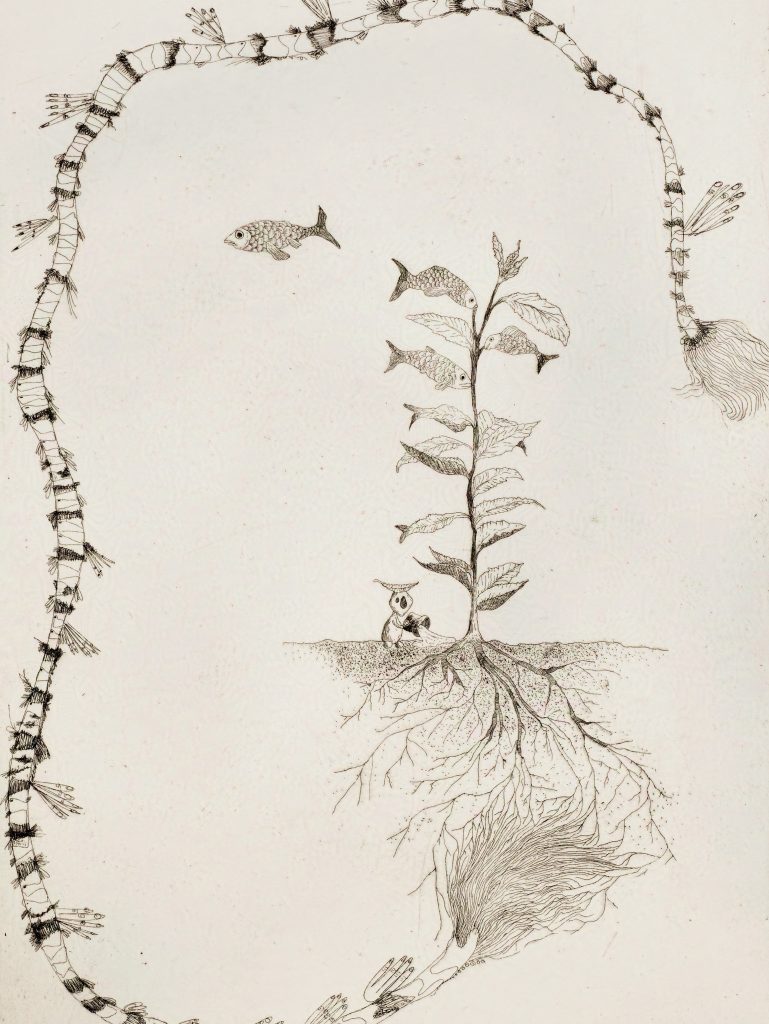 collaborative work with Sophie Quinn and Maximilian Gosling showing a fictional scene of fish growing from sapling elm trees and a worm